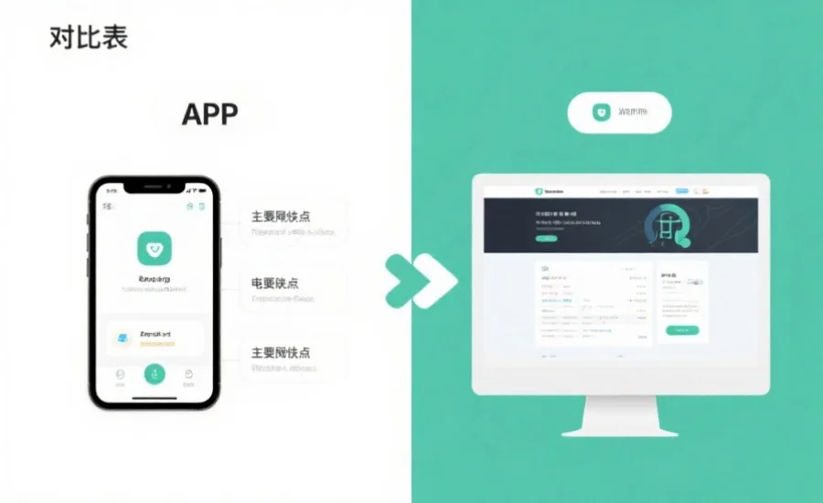 一张对比表格，左侧是手机APP界面，右侧是电脑网页版界面，中间用箭头和简洁图标标注各自的主要优缺点，风格简明现代