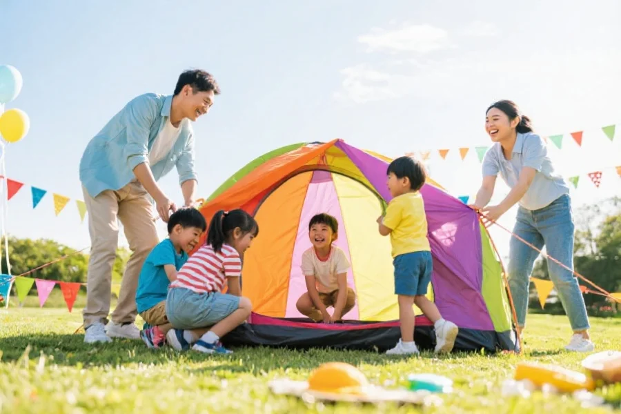 孩子们和成年人一起在户外搭建彩色帐篷，准备庆祝节日，阳光明媚，笑容满面